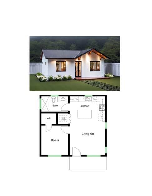 Studio ADU exterior and floor plan