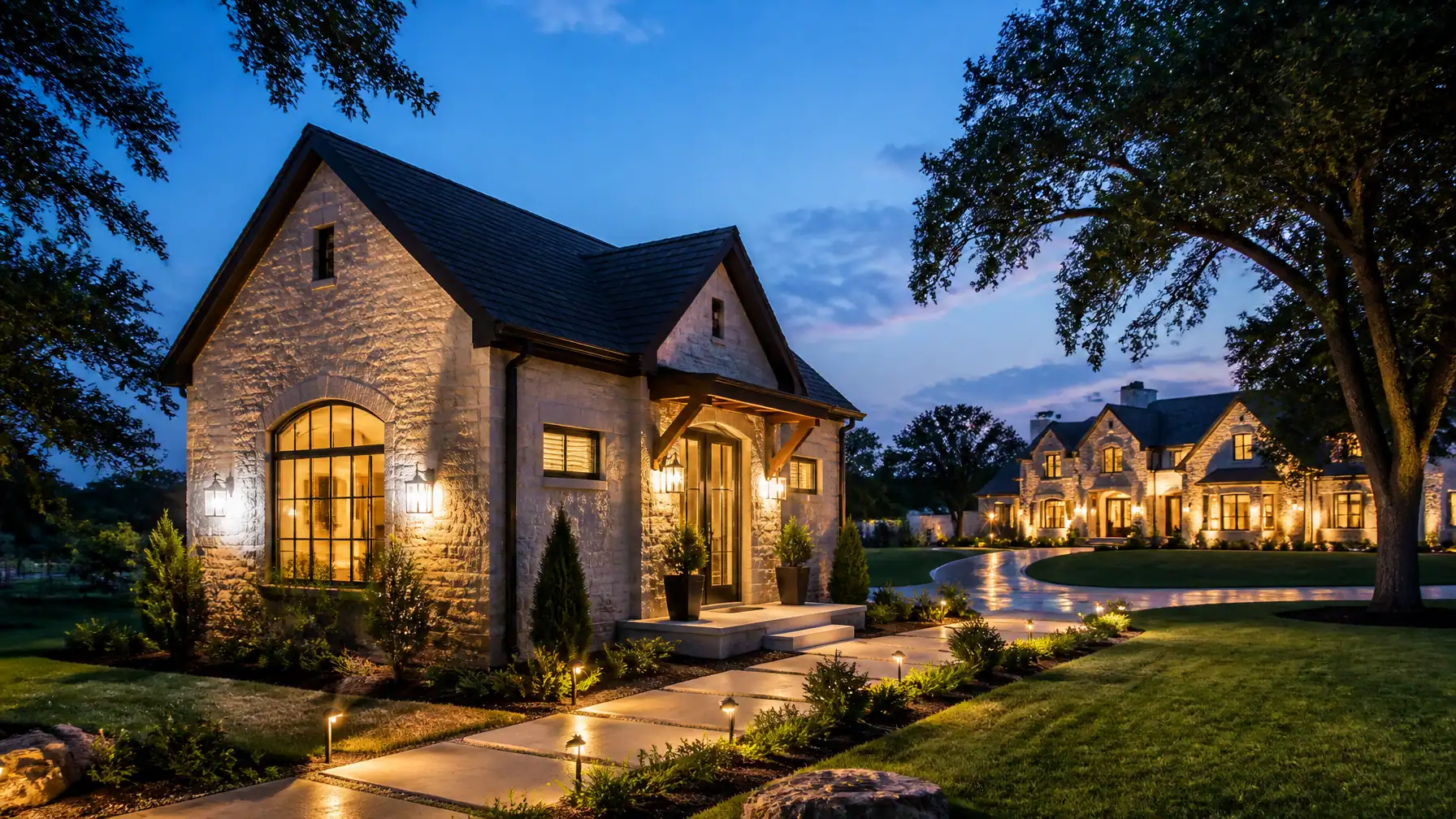 Luxury stone ADU exterior at dusk with warm interior lighting and landscaped walkway