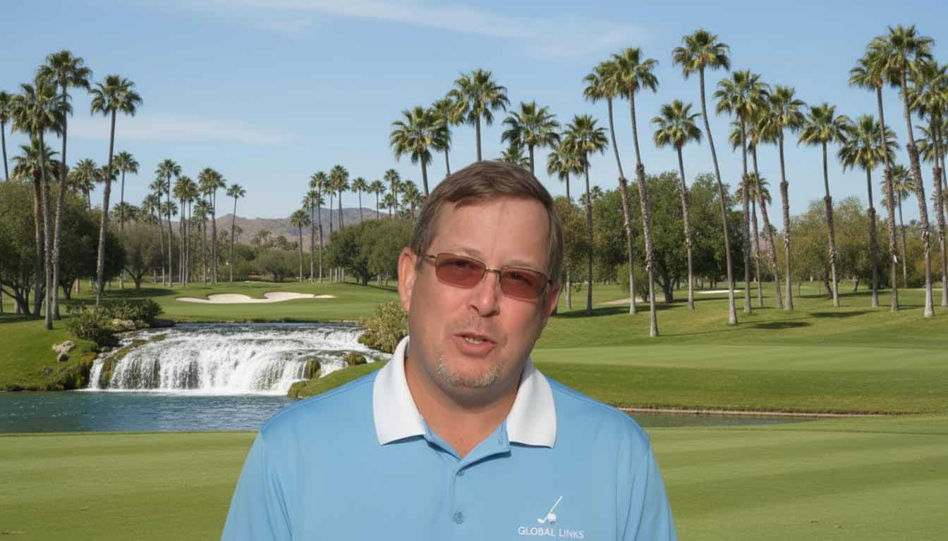 Portrait of a man outdoors on a golf course with palm trees and a waterfall in the background
