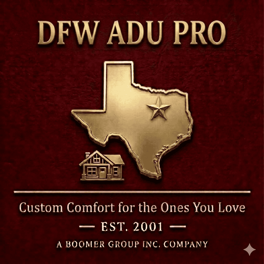 DFW ADU Pro logo with gold Texas outline and star on a maroon background