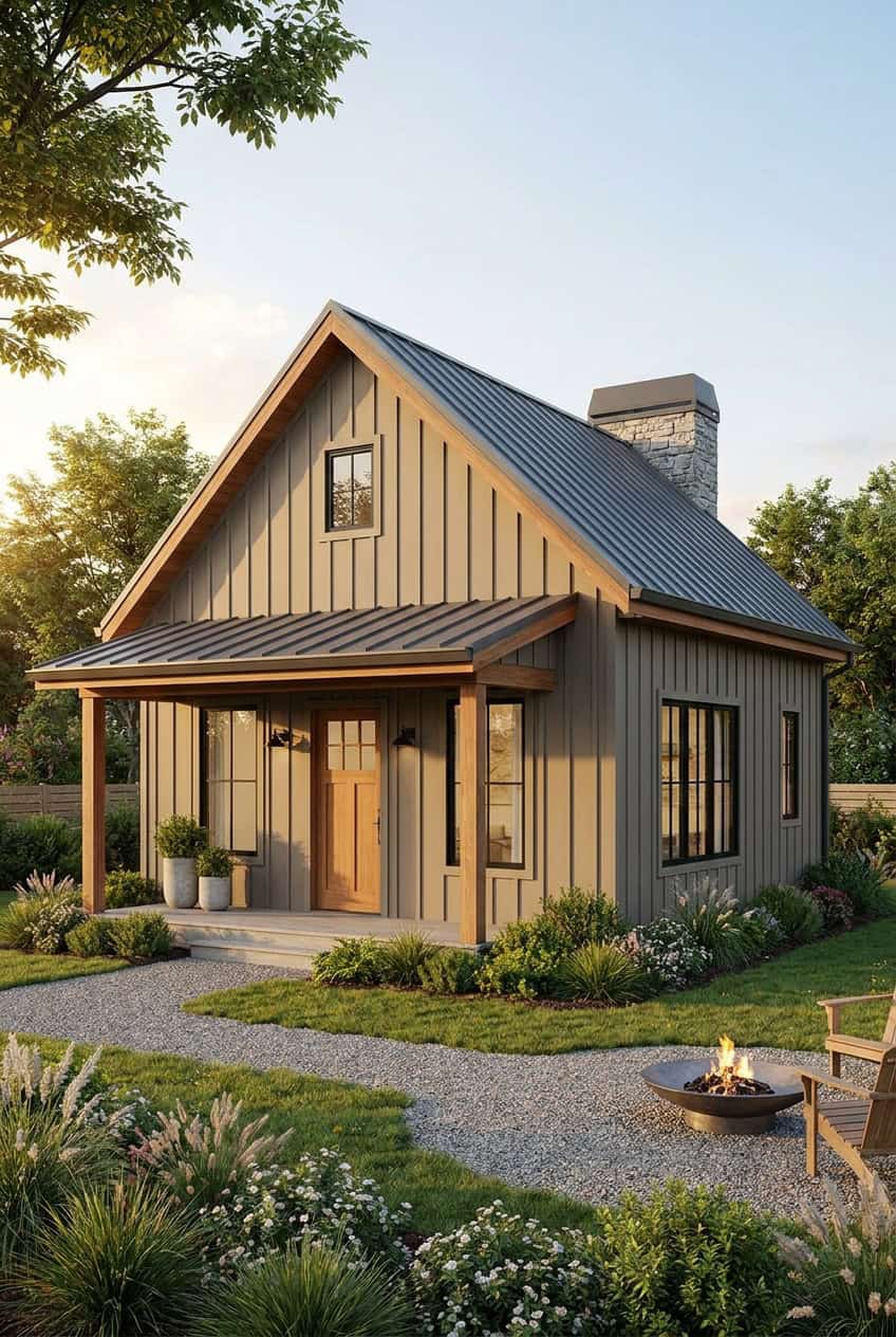 Small modern ADU exterior with metal roof and landscaped front yard