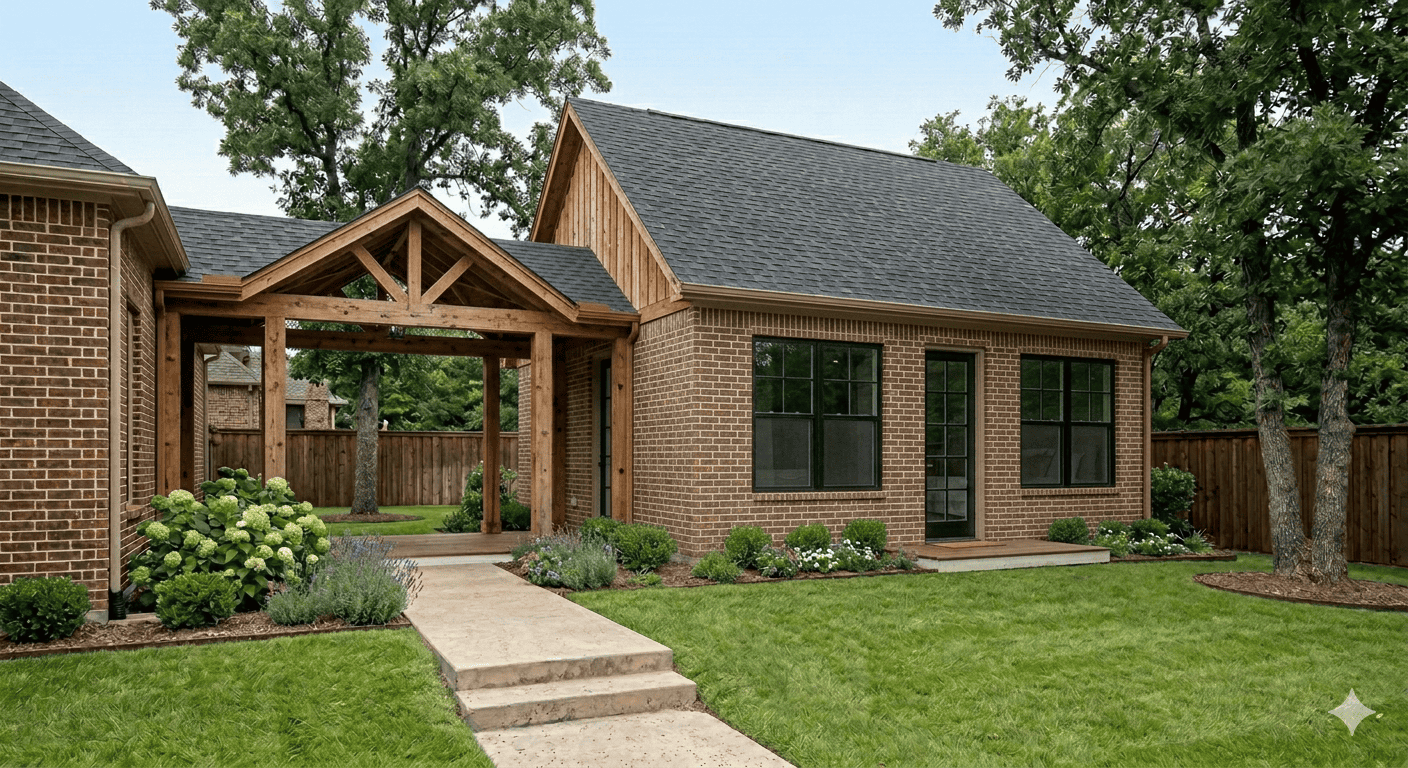 Tarrant County detached ADU exterior with brick facade, covered wood pergola, and landscaped yard