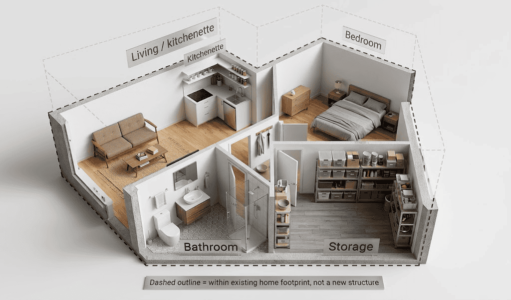 The Trophy Club plan JADU floor plan rendering with living area, kitchenette, bedroom, bathroom, and storage