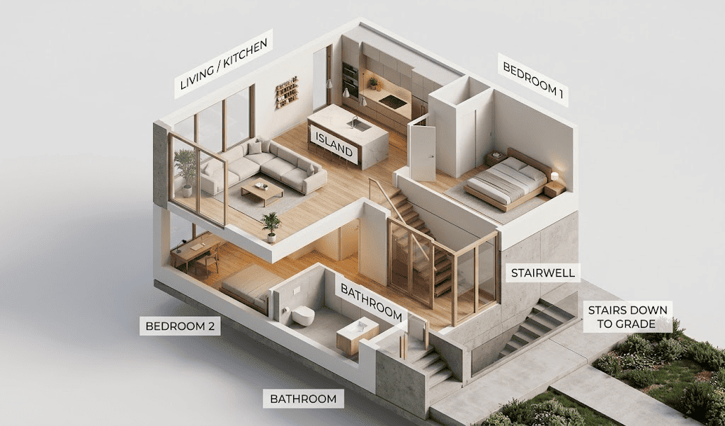 The Denton floor plan isometric rendering with living kitchen, two bedrooms, bathroom, island, and stairwell