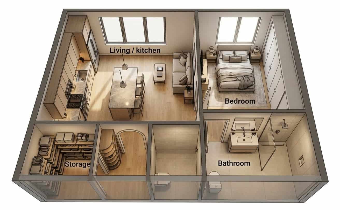 The Whitley Floor Plan split-level ADU layout illustration