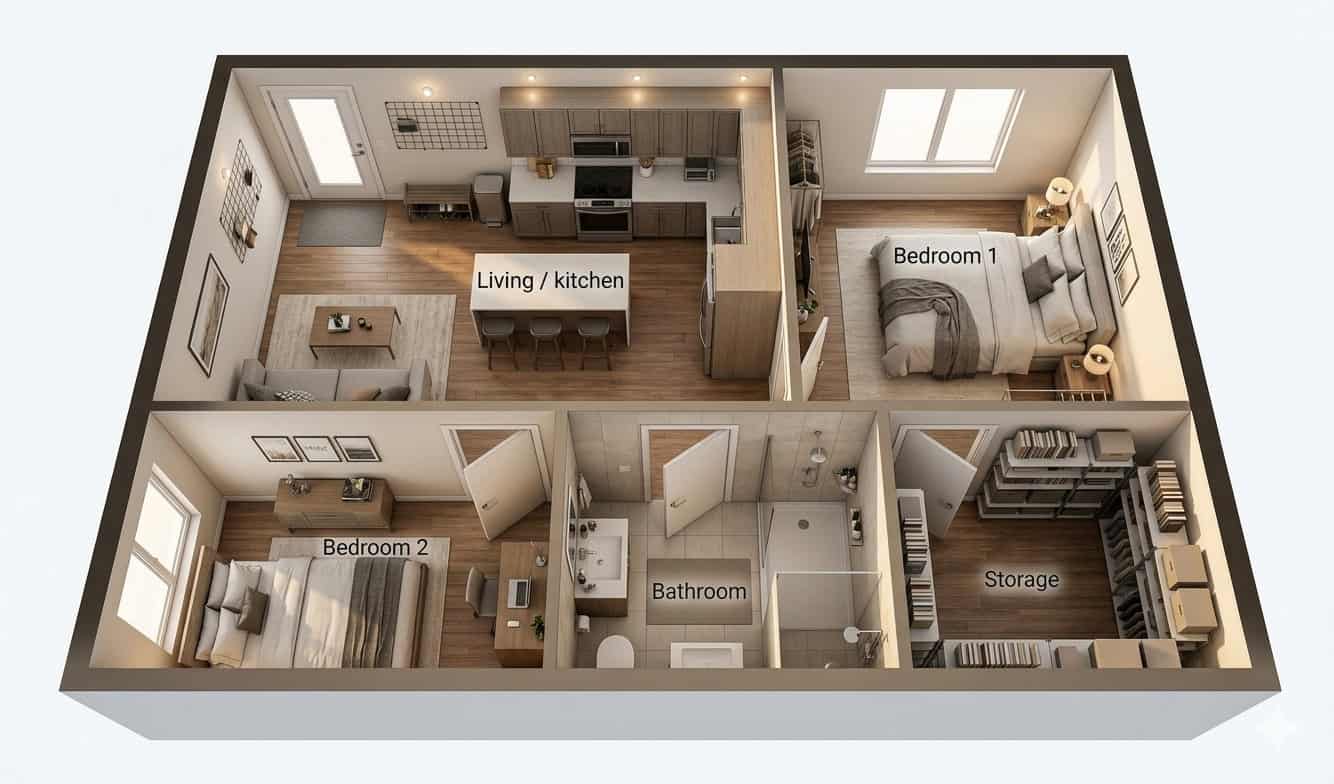 The Colleyville Plan 3D floor plan showing a 2 bedroom 1 bathroom ADU layout with living kitchen area and storage