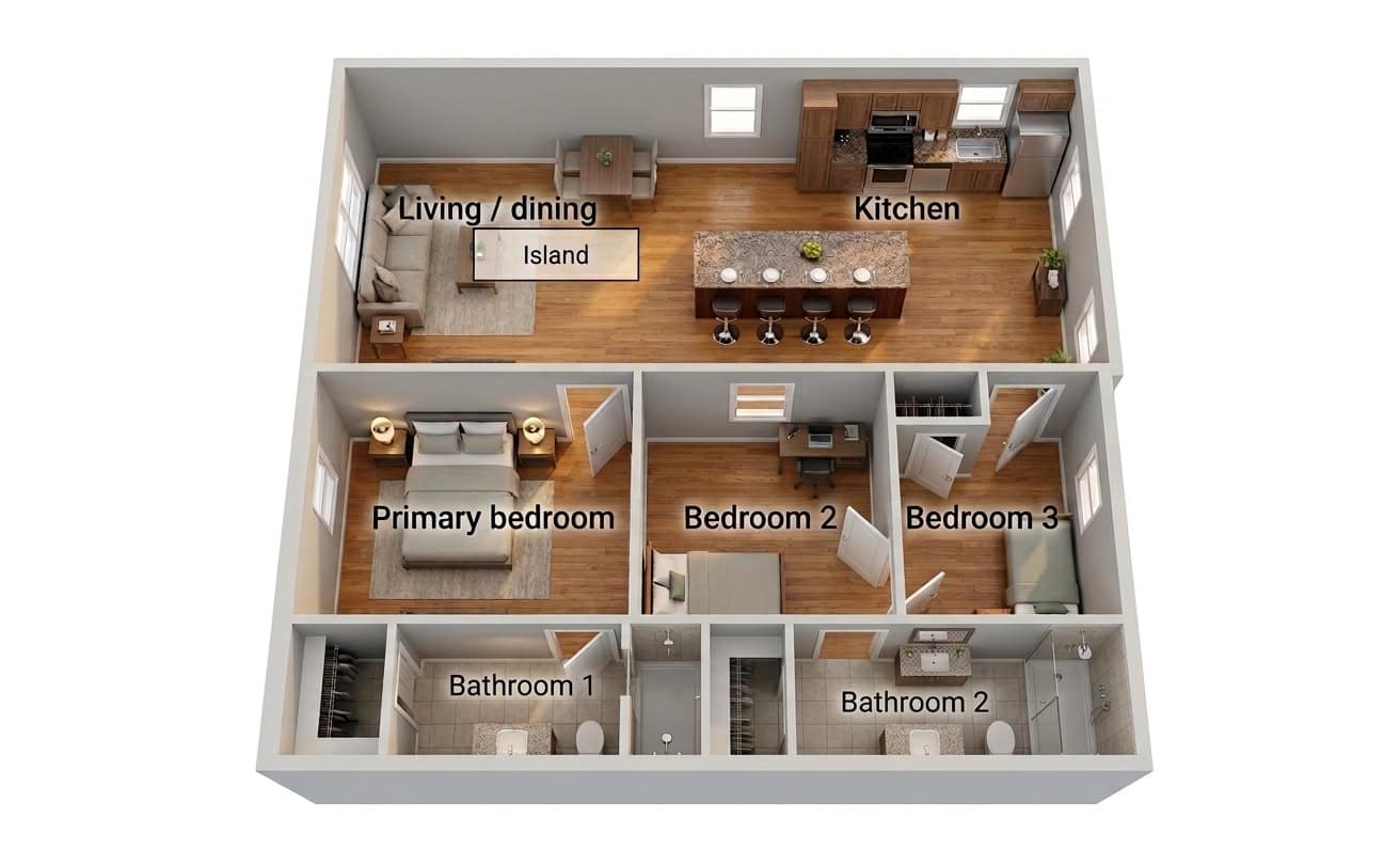 The Southlake Floor Plan 3 bedroom 2 bath ADU floor plan rendering