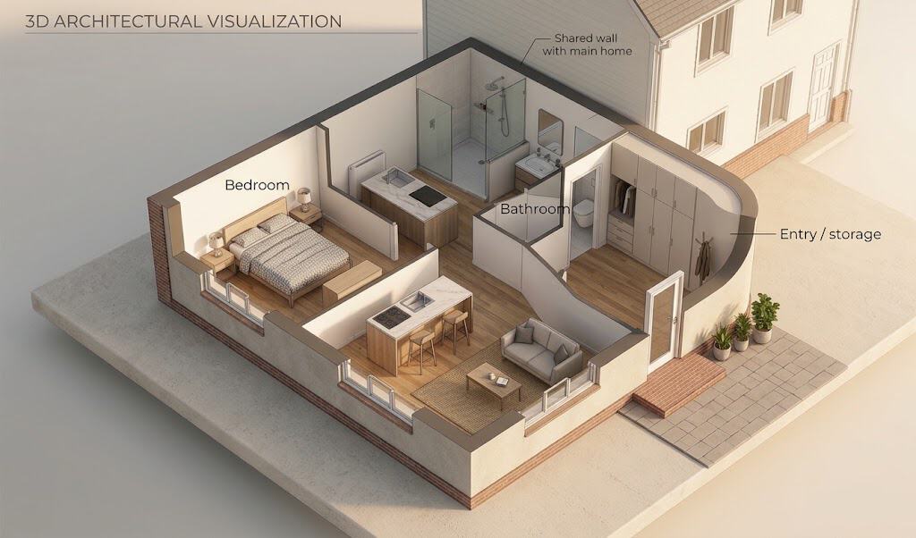 The Grapevine Floor Plan 3D architectural visualization showing bedroom, bathroom, entry and storage layout
